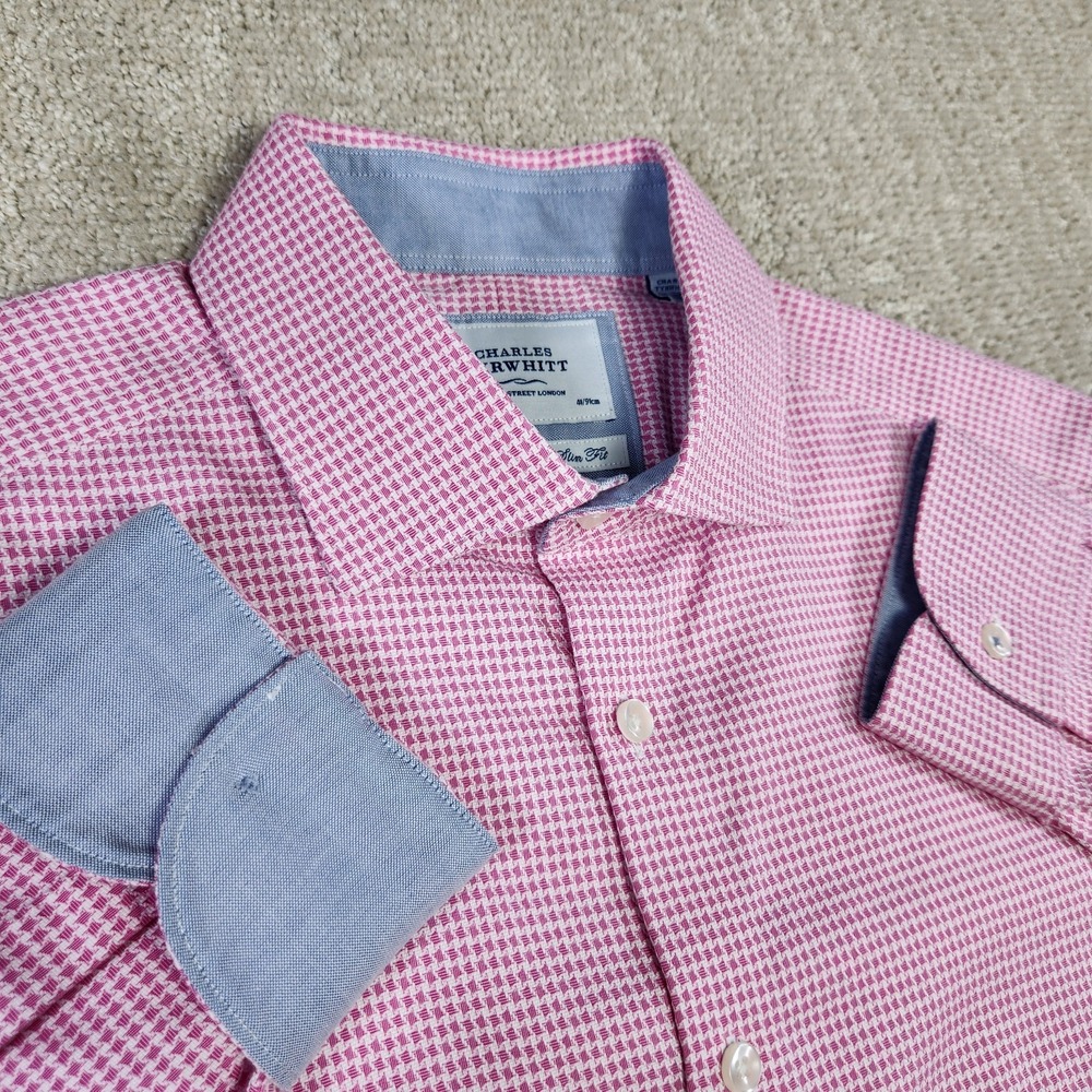 Charles Tyrwhitt Shirt Men 16 36 Extra Slim Fit Flip Cuff Pink Houndstooth